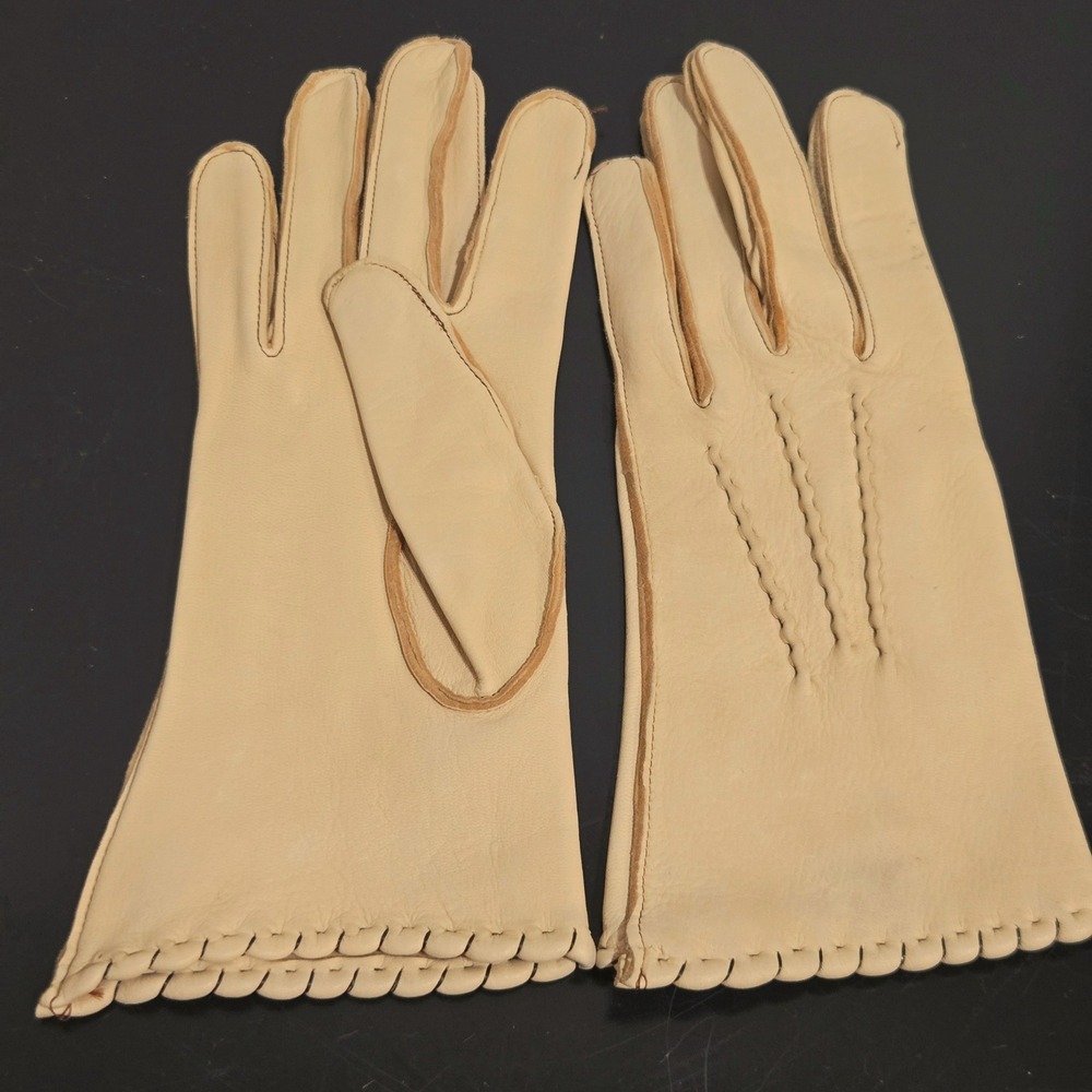 Gary's Vintage Deerskin Gloves Womens M Cream Whipstitch Leather Gauntlet